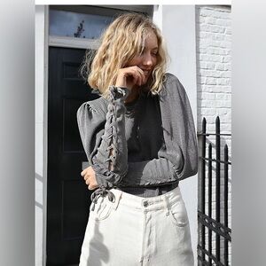 FREE PEOPLE FP Charcoal Tasha Thermal Waffle Balloon Lace-Up Sleeve Shirt‎ S/P